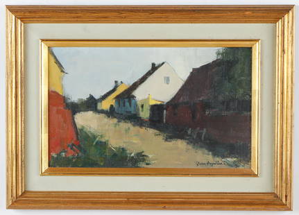 Arne Aspelin (Swedish 1911-1990): Arne Aspelin (Swedish 1911-1990) "Houses in the Morning Light," oil on board, signed. Framed. Size: 9'' x 15'', 23 x 38 cm (board); 14.5'' x 20.5'', 37 x 52 cm (frame).