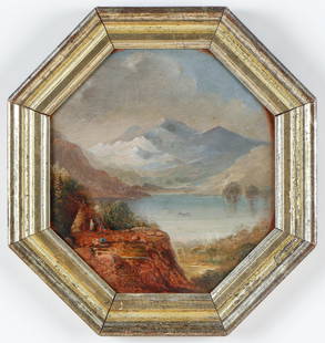 Attributed to John Williamson (1826-1885): Attributed to John Williamson (1826-1885) Untitled (Mountainous landscape with Indian encampment on a bluff). oil on panel, octagonal format with original frame. Some paint loss and touchup in the