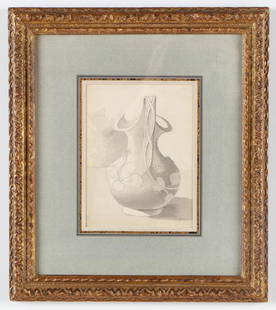 William Michael Harnett (Irish/American 1848-1892): William Michael Harnett (Irish/American 1848-1892) drawing of a stoneware pitcher, pencil on paper, with various labels verso. William Harnett was the leader and trendsetter of an American school of t