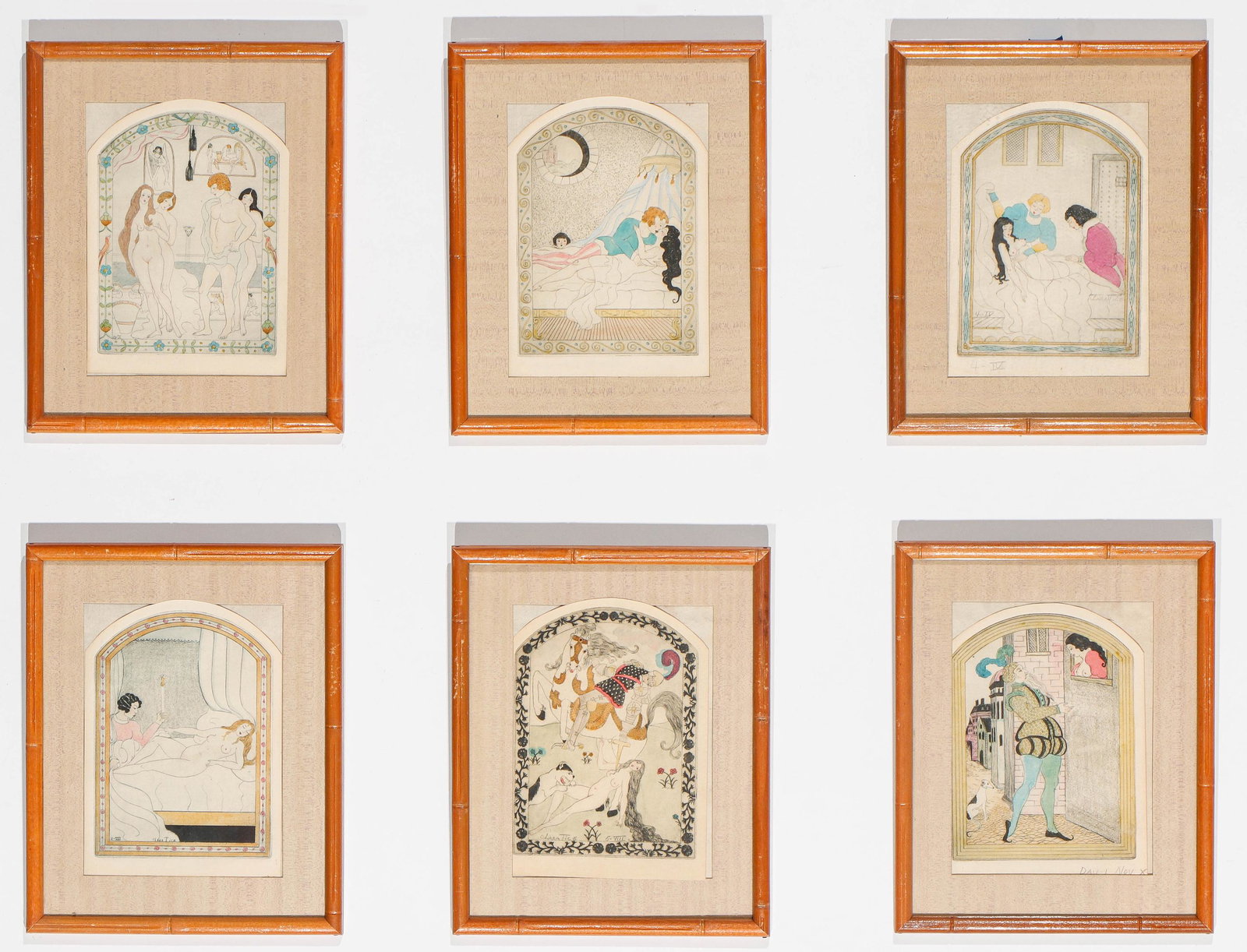 Clara Tice (American, 1888-1973): Clara Tice (American, 1888-1973) Six Erotic Hand-Colored Etchings. 1920s. Probably book illustrations. Each size: 7.5'' x 5.5'', 19 x 14 cm (image); 10.75'' x 8.5'', 27 x 22 cm (frame). Provenance: Wh