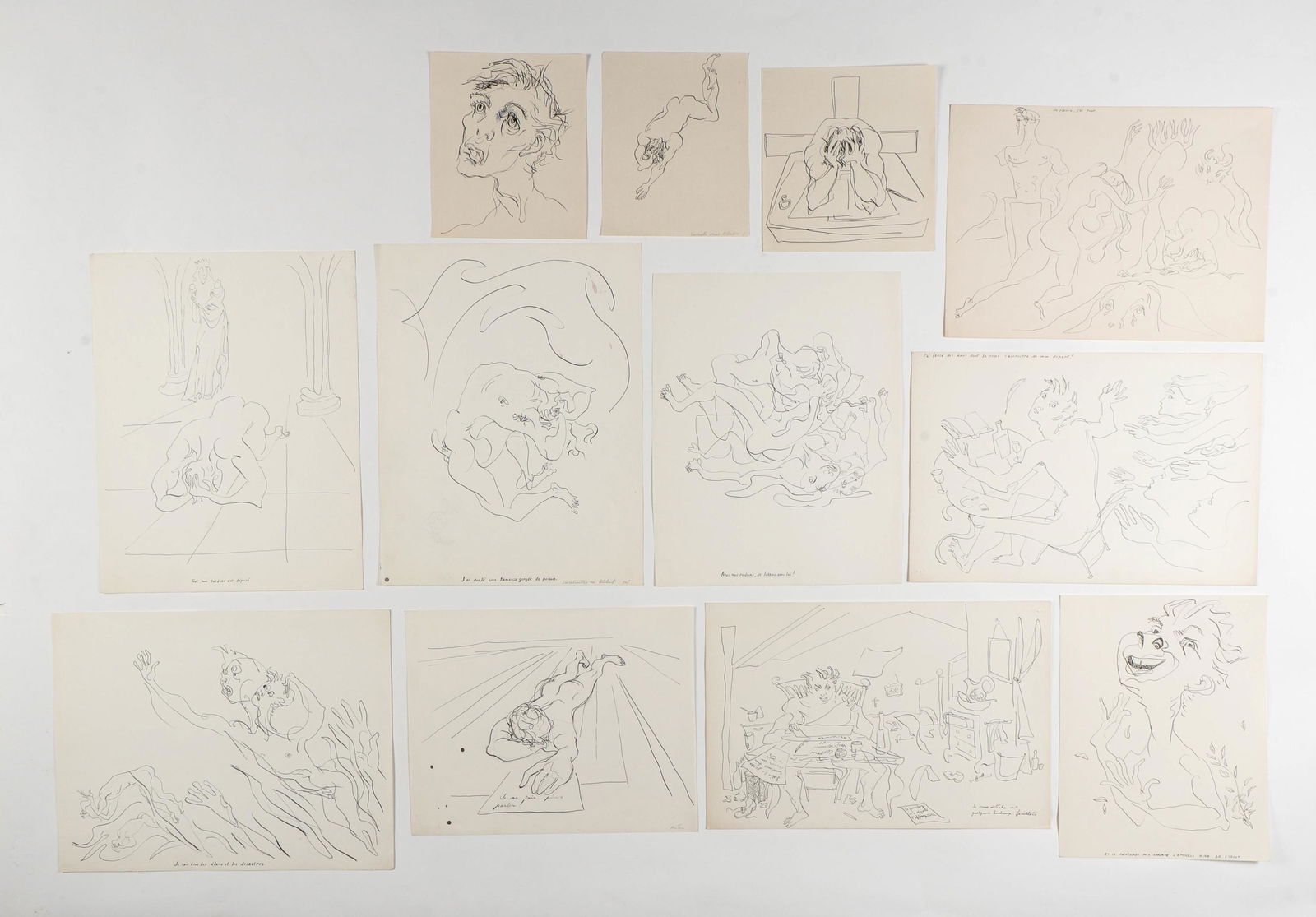 Emlen Etting (American, 1905-1993): Emlen Etting (American, 1905-1993) Group of 12 Drawings for Rimbaud's Poem "Une Saison en Enfer" (A Season in Hell). Ranging in size: 8'' x 6.5'', 20 x 17 cm to 11.75'' x 15'', 30 x 38 cm.