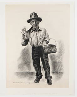 Harry Brodsky (American, 1908-1997) "The Match Seller," 1932: Harry Brodsky (American, 1908-19970 "The Match Seller," 1932, charcoal/conte drawing crayon on paper, signed, titled and dated. Unframed. Size: 23'' x 17.75'', 58 x 45 cm (sheet).