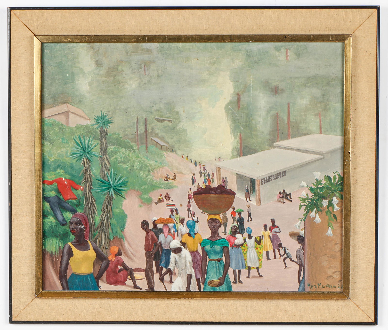 Kyra Markham (American, 1891-1967): Kyra Markham (American, 1891-1967) Haitian Scene, 1962, oil on board, signed and dated. Framed. Provenance: Stair, 12/7/19, Lot 284; Estate of Ethel Confino. Size: 20'' x 24'', 51 x 61 cm (board); 25'