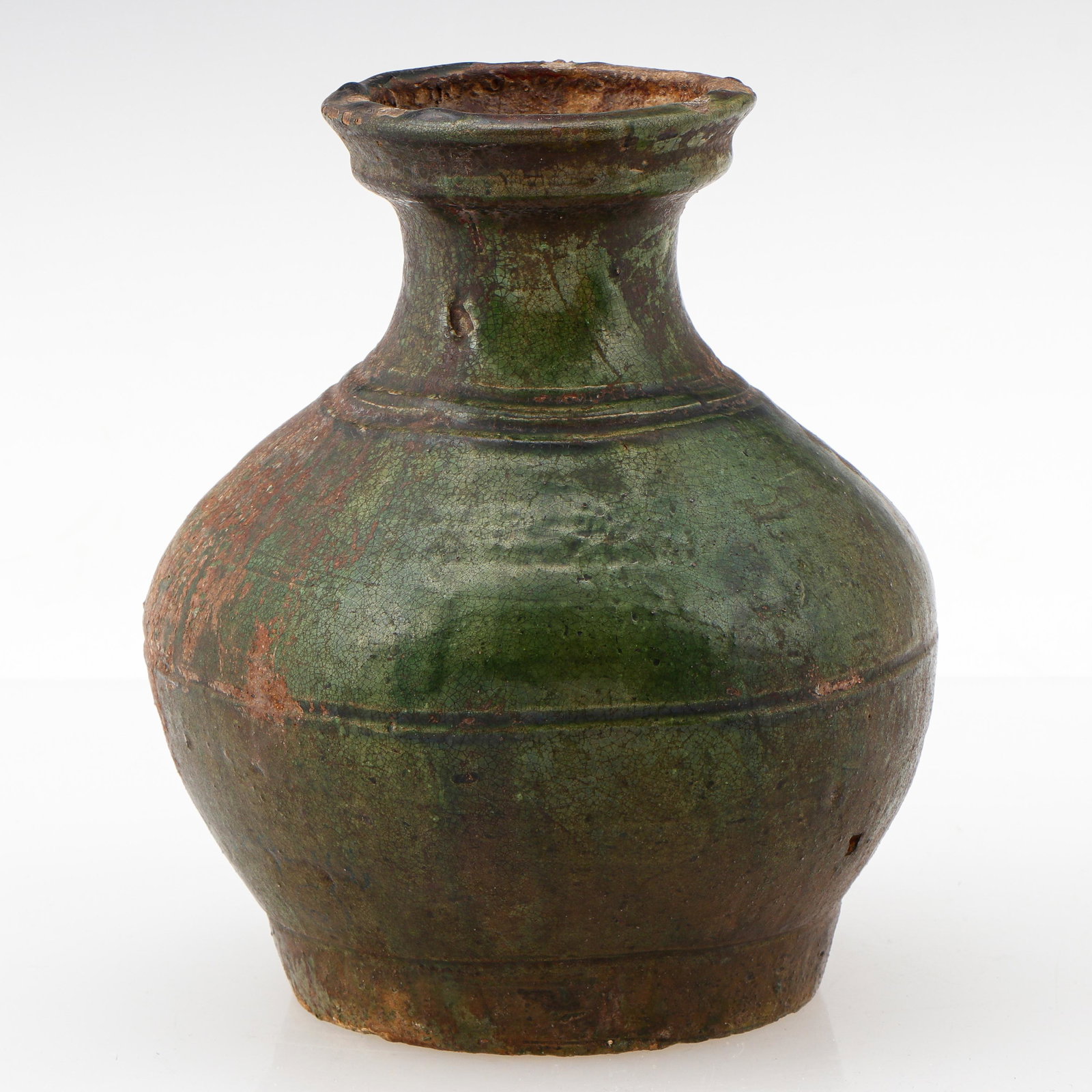 Chinese Green Glaze Pottery Jar Hu, Han Dynasty: Chinese Green Glaze Pottery Jar Hu, Han Dynasty. Base with 4-character mark in black. Provenance: Ex. Estate Collection Isadore and Nancy Marder, Philadelphia. Size: 8.75'' x 7'' x 7'' (22 x 18 x 18 c