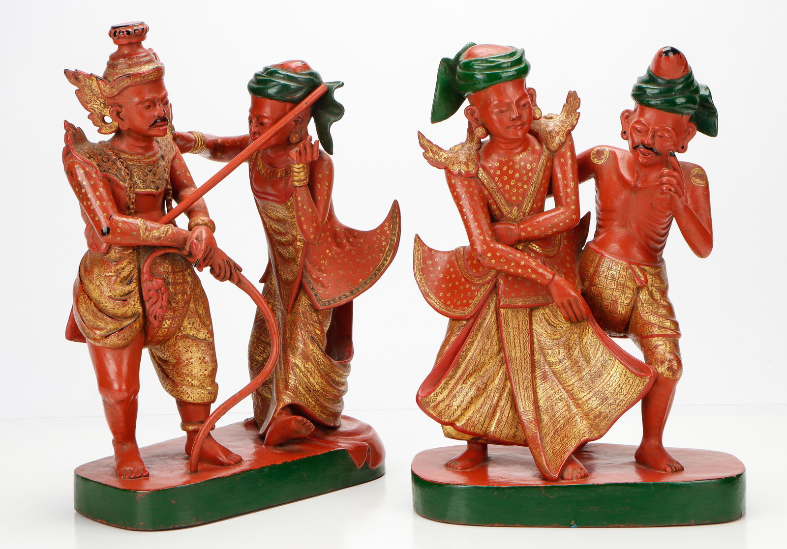 2 Antique Burmese Lacquered Teak Dancing Sword Fighters Figural Groups: 2 Antique Burmese Lacquered Teak Dancing Sword Fighters Figural Groups. Size: 1) 20'' x 14'' x 10'' (51 x 36 x 25 cm); 2) 19'' x 13.25'' x 7.75'' (48 x 34 x 20 cm).