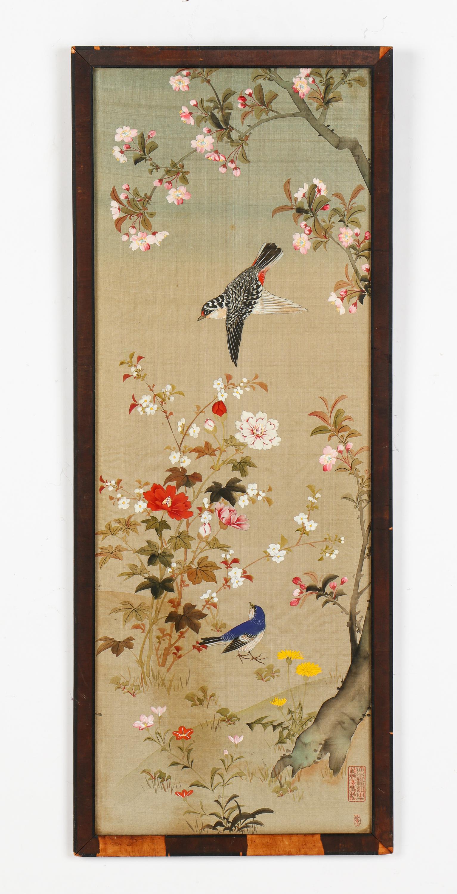 Japanese Silk Embroidery, Showa Period: Japanese Silk Embroidery, Showa Period. Depicting birds amid cherry blossoms and flowers. Size: 36'' x 13'', 91 x 33 cm (sight); 38'' x 15'', 97 x 38 cm (frame).