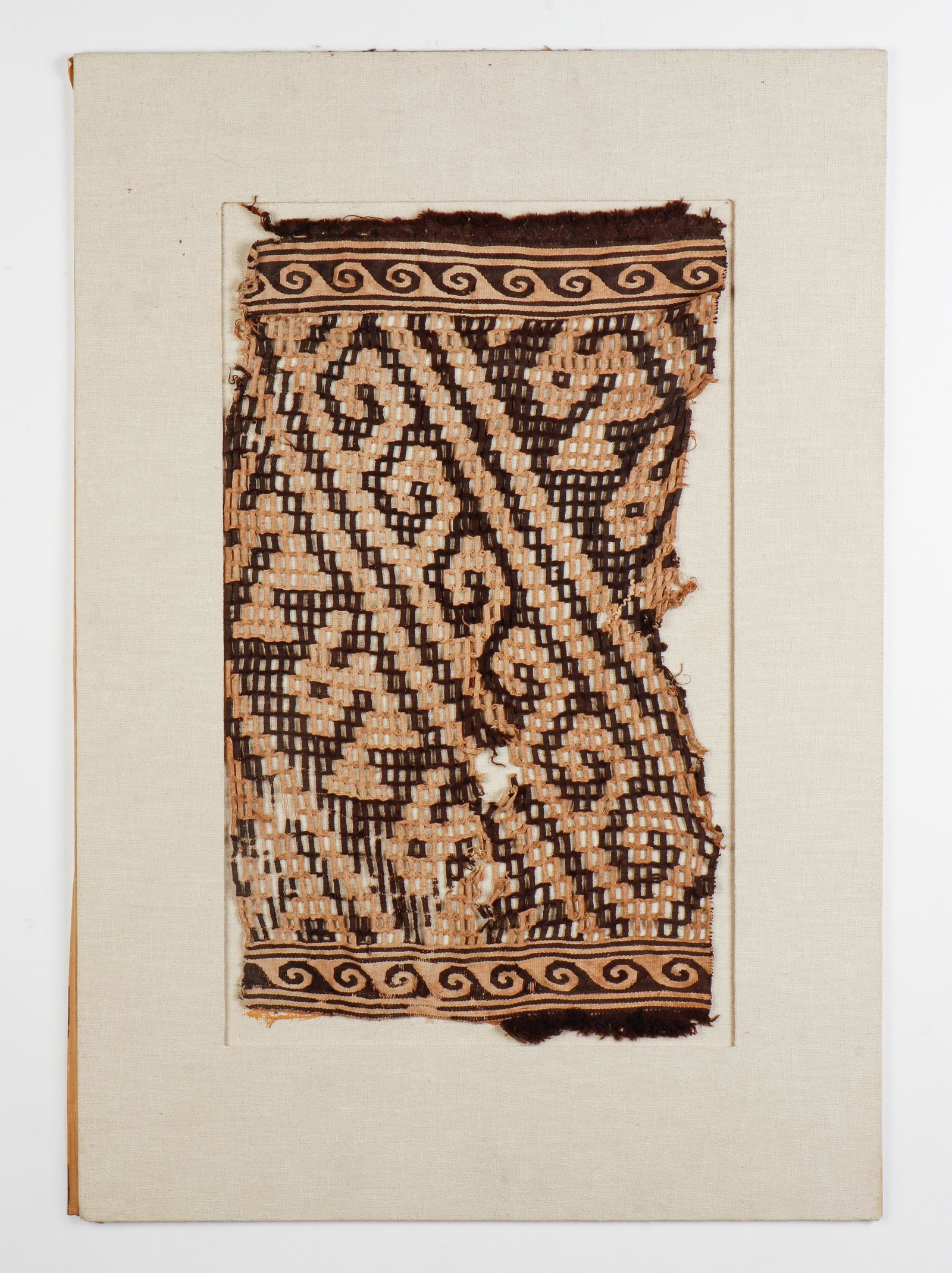 Incan Black & White Open Tapestry Fragment: Incan Black & White Open Tapestry Fragment. Provenance: M.L.J. Lemaire, Amsterdam-Prinsengracht 841 NR. Size: 11.75'' x 24.25'', 30 x 62 cm (fragment); 21.75'' x 31.5'', 55 x 80 cm (mat).