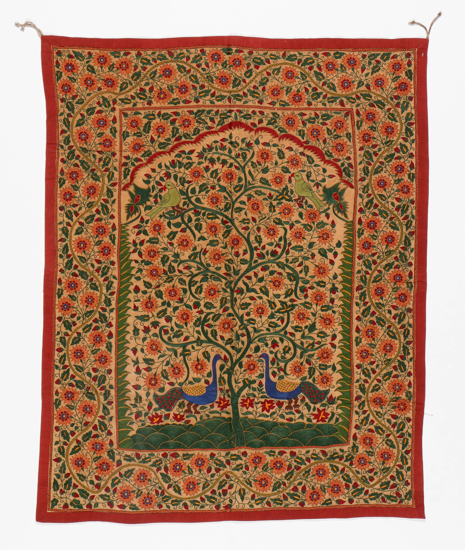 Tree of Life Embroidery With Peacocks and Parrots, India, Mid 20th C.: Tree of Life Embroidery With Peacocks and Parrots, India, Mid 20th C. Size: 3'11'' x 3'1'' (119 x 94 cm).