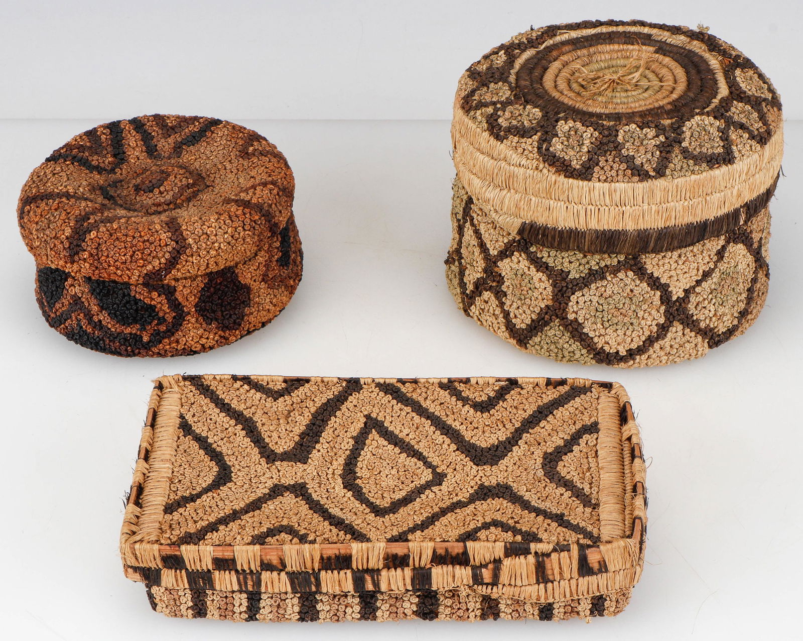 3 African Kasai Knotted Lidded Baskets, DRC, C. 1930s-1950s (1 of 5)
