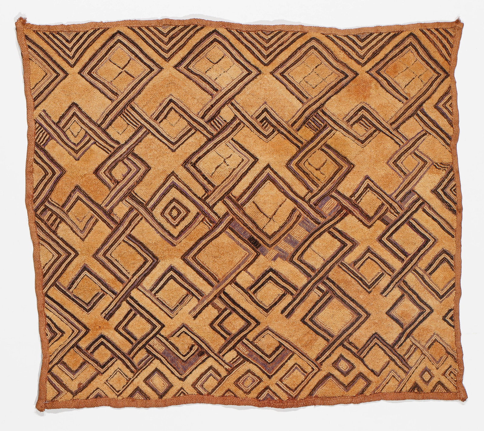 African Kuba Shoowa Prestige Cloth, DRC: African Kuba Shoowa Prestige Cloth, DRC, Mid 20th C. Raffia cut-pile embroidery. Size: 24'' x 26.5'', (61 x 67 cm).