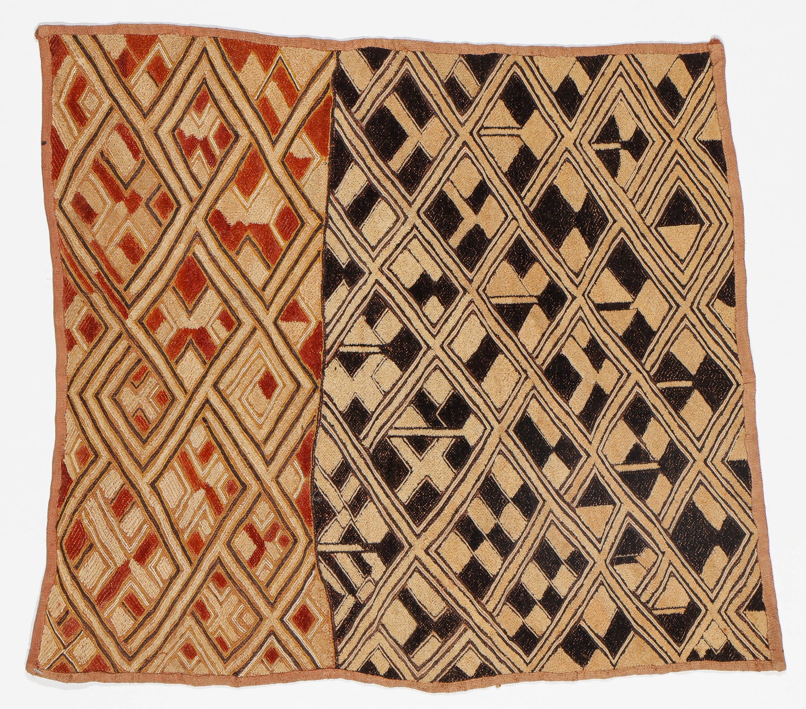 African Kuba Shoowa Prestige Cloth, DRC: African Kuba Shoowa Prestige Cloth, DRC. Mid 20th c. Raffia cut-pile embroidery. Size: 22'' x 25'', (56 x 64 cm).