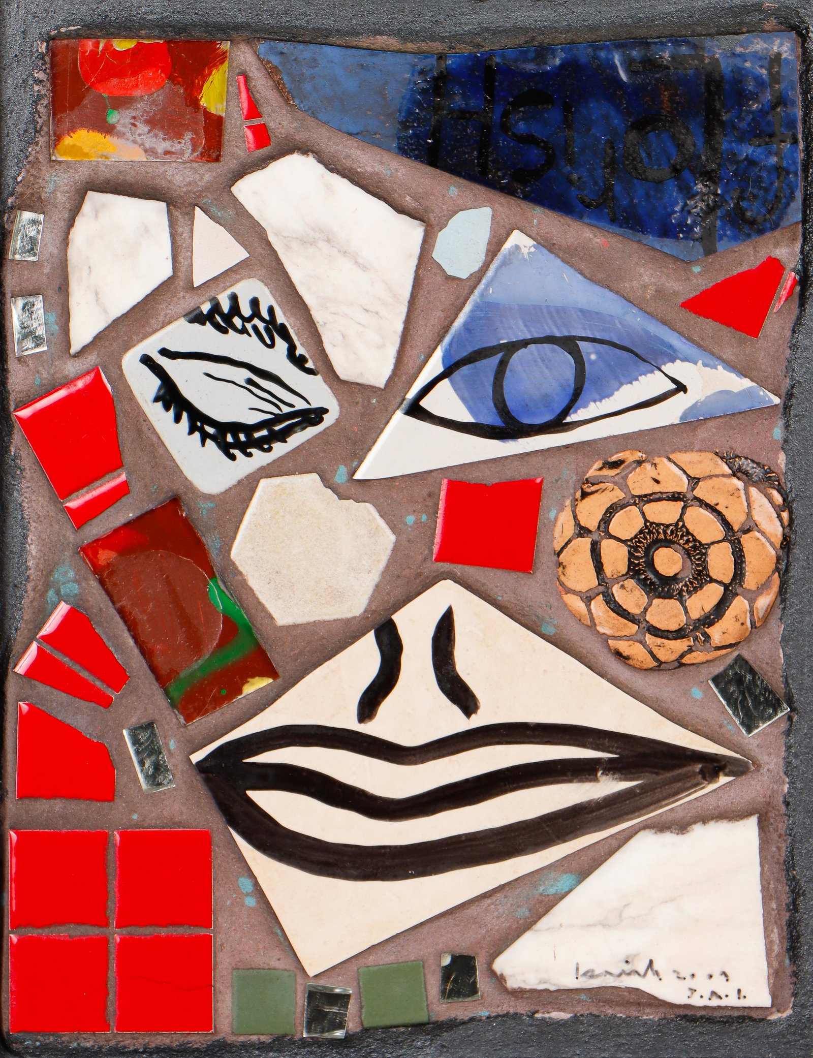 Isaiah Zagar (American) "Portrait Mosaic": Isaiah Zagar (American) "Portrait Mosaic", 2009. Ceramic grout, tiles and wood. Size: 14.75'' x 11.5'', 37 x 29 cm (sight); 17'' x 14'', 43 x 36 cm (frame). Provenance: The Jimmy and Angela Clark Coll
