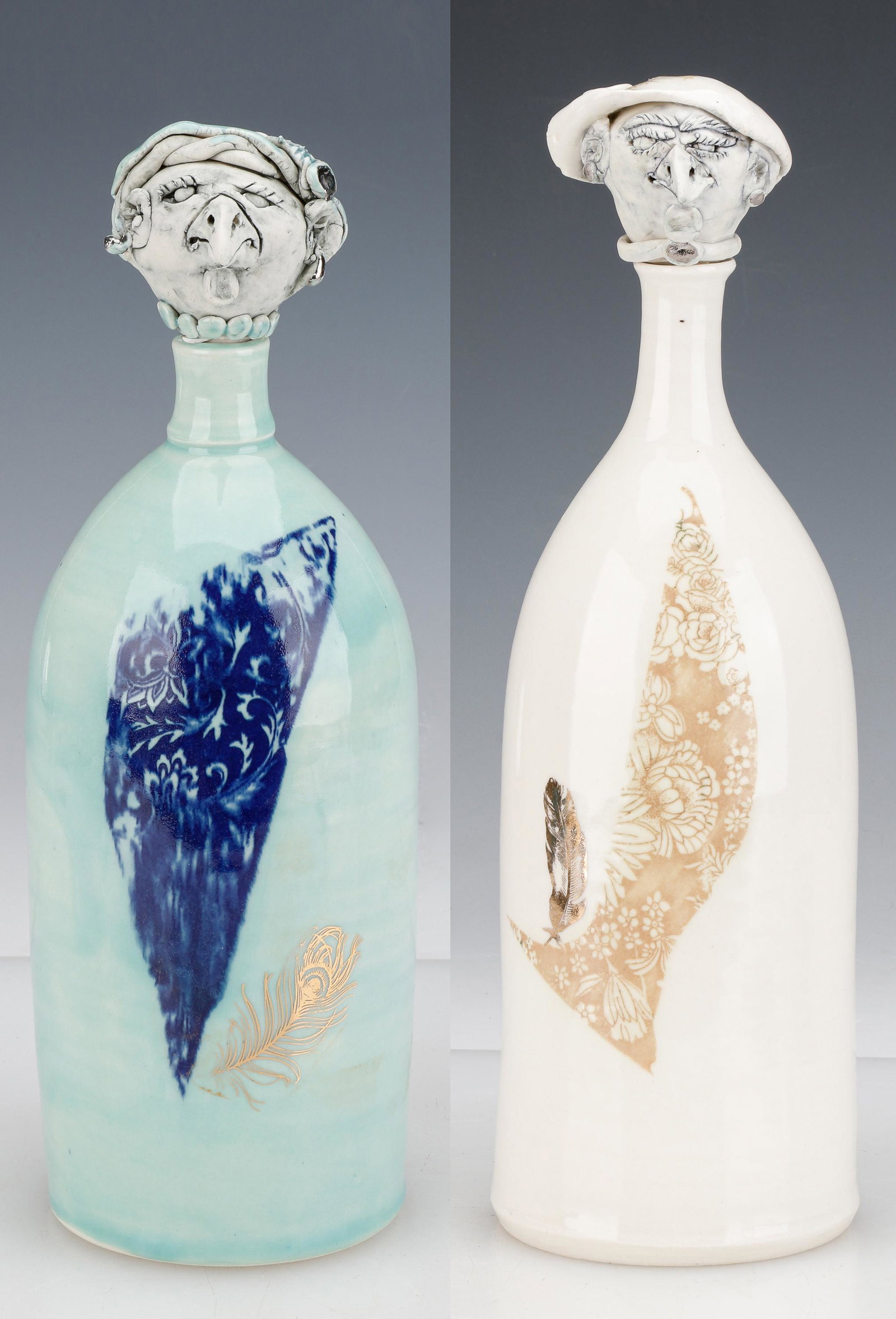 Angela Klaerner (American) 2 Porcelain Rice Wine Bottles: Angela Klaerner (American) 2 Porcelain Rice Wine Bottles, signed. Sizes: 1) 12'' x 4'' x 4'' (30 x 10 x 10 cm); 2) 13'' x 4'' x 4'' (33 x 10 x 10 cm). Provenance: The Jimmy and Angela Clark Collection