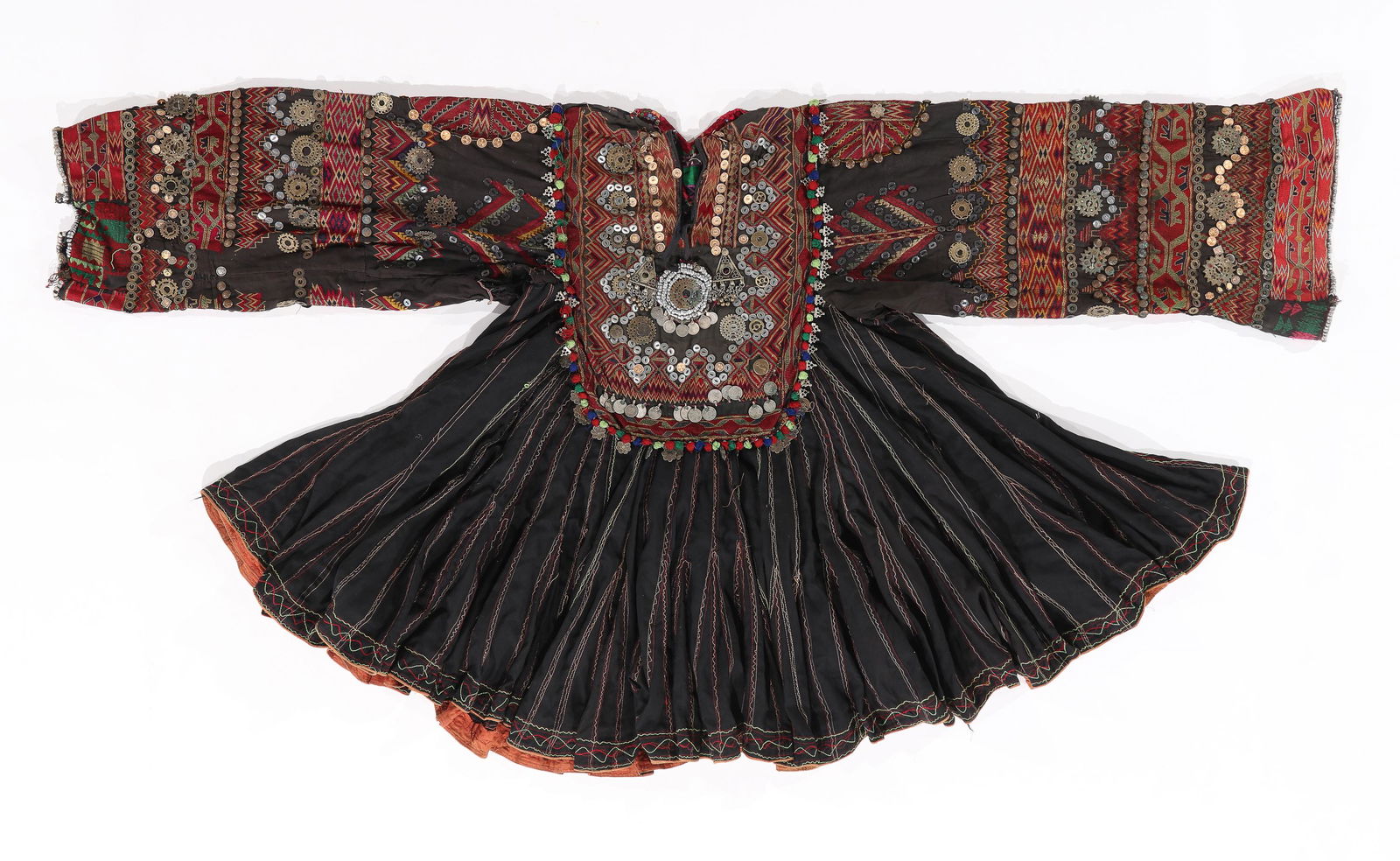 Kohistan Bridal Jumlo Dress, Early 20th C.: Kohistan Bridal Jumlo Dress, Pakistan, Early 20th C. Cotton, embroidery, buttons, metal decorations, coins, aluminum beads. Ref: Yet Another Treasury of Indian Folk Textiles, Carol Summers, 2013, Page