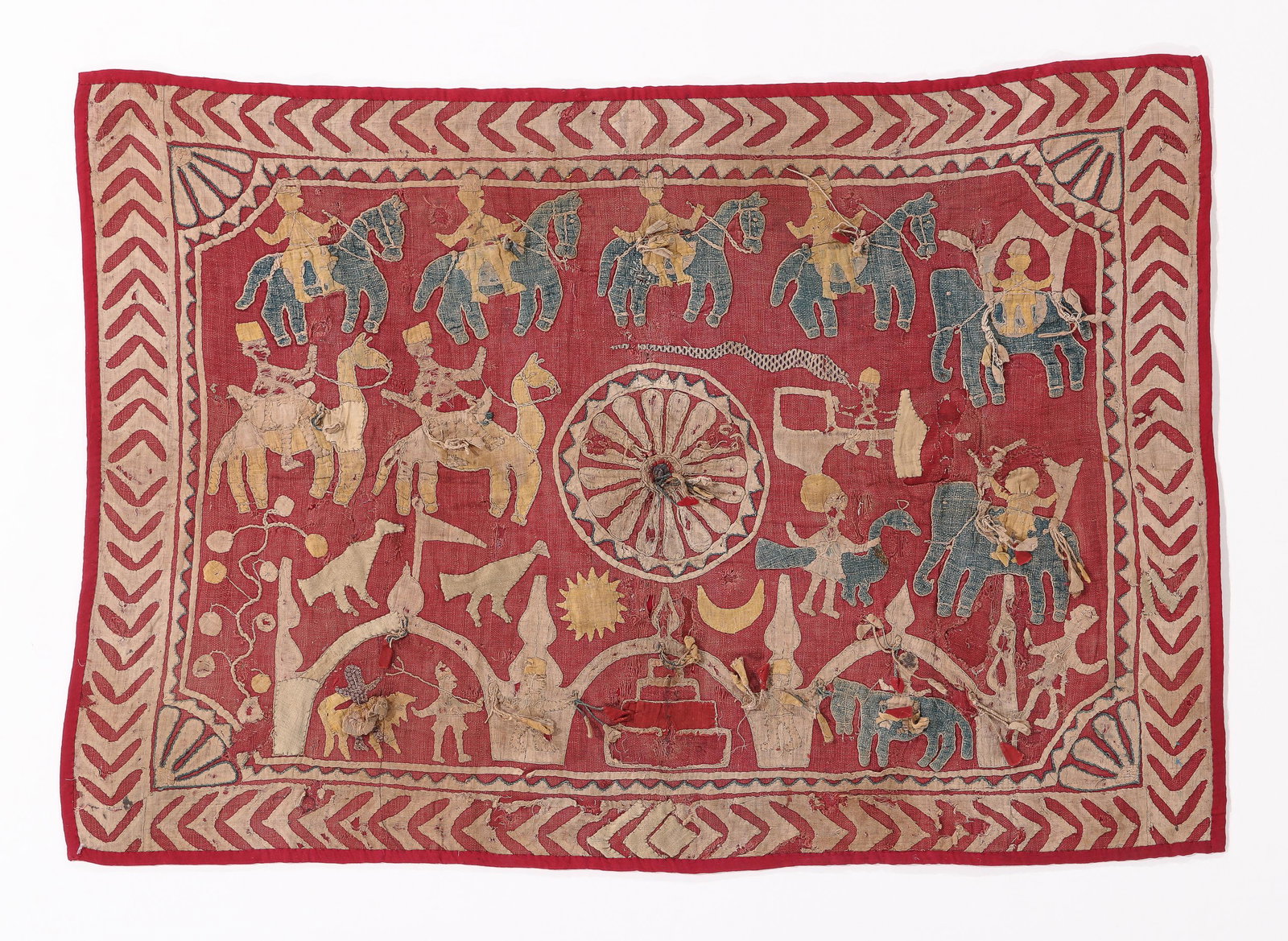 Kanduri Embroidered Textile With Applique, India, Late 19th C.: Kanduri Embroidered Textile With Applique, India, Late 19th C. Shrine cloth offered to the shrine of Salar Masud, Uttar Pradesh. Kanduri iconography often features a palace/temple, a wagon drawn by ho