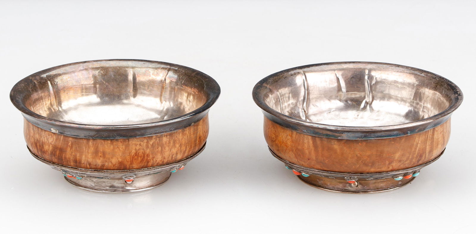 Two Tibetan Jeweled Silver and Burlwood Tea Bowls (1 of 5)