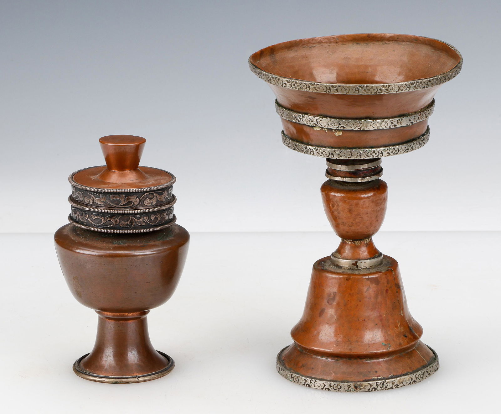 Tibetan Hand Wrought Copper and Silver Decorated Butter Lamp and Ink Pot (1 of 7)