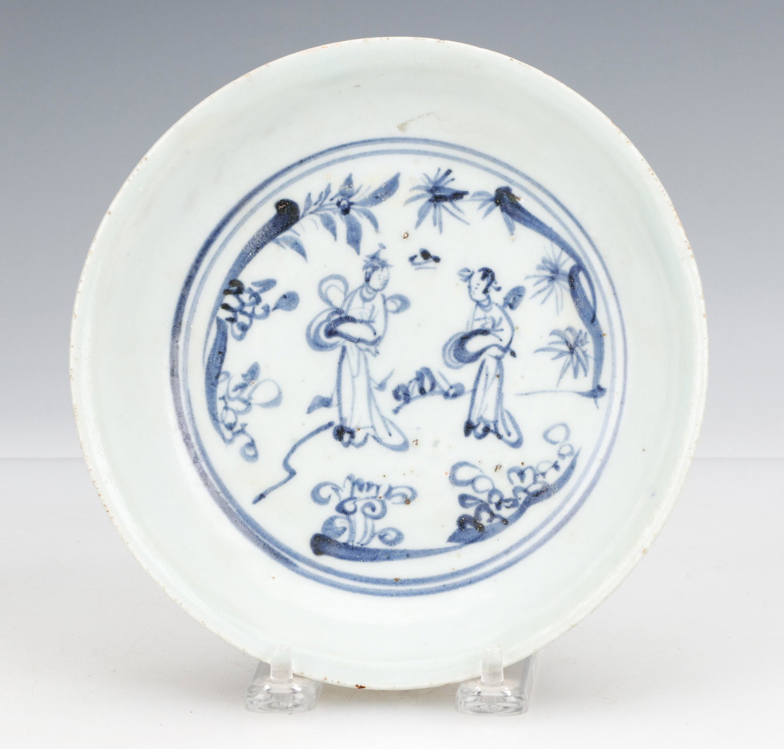 Chinese Kosometsuke Porcelain Blue and White Plate: Chinese Kosometsuke Porcelain Blue and White Plate. Centering two figures in a landscape. Size: 7'' x 7'' x 1.75'' (18 x 18 x 4 cm). Provenance: Sylvia and Philip Chaplain Collection, New Hampshire.