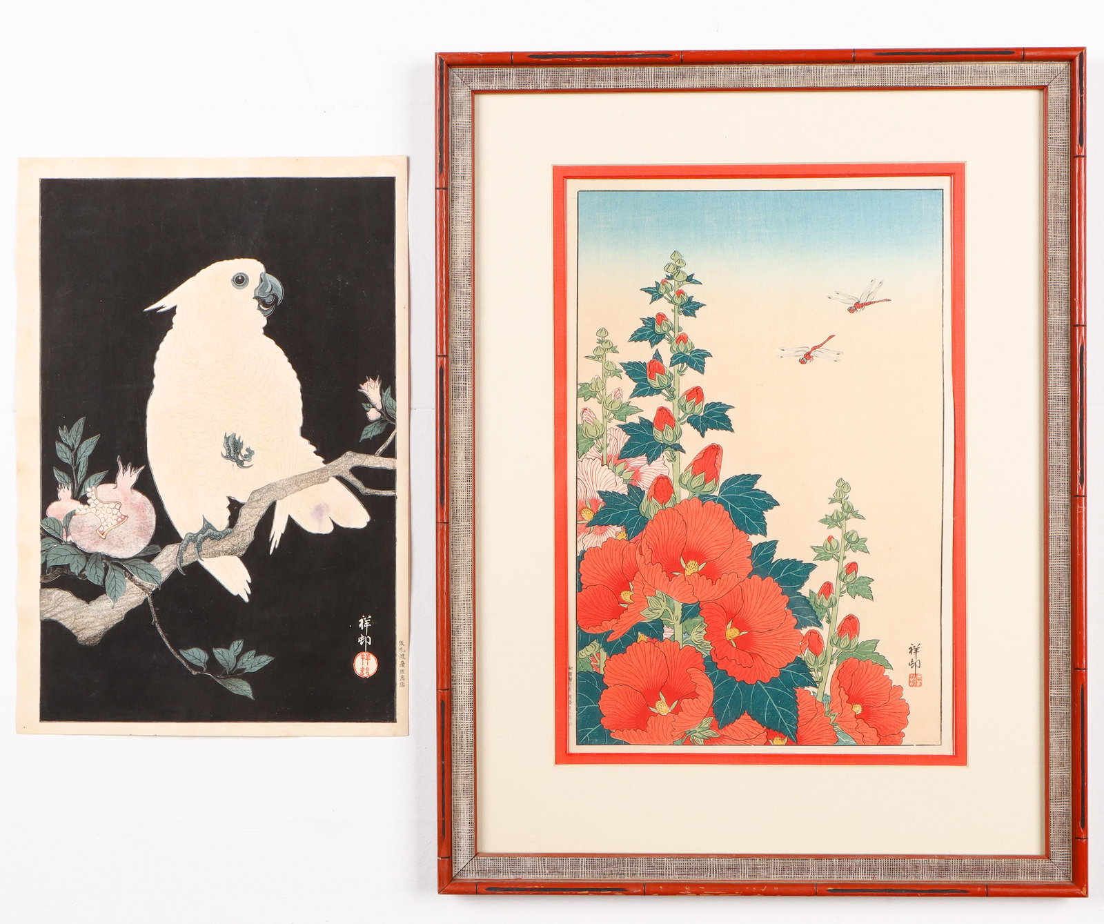 Shoson Ohara (Koson) (Japanese, 1877-1945): Shoson Ohara (Koson) (Japanese, 1877-1945) "Dragonflies and Hollyhocks," woodblock, framed; and "Cockatoo," woodblock, unframed. Sizes: 1) 14.25'' x 9.25'', 36 x 23 cm (image); 15.25'' x 10.25'', 39 x