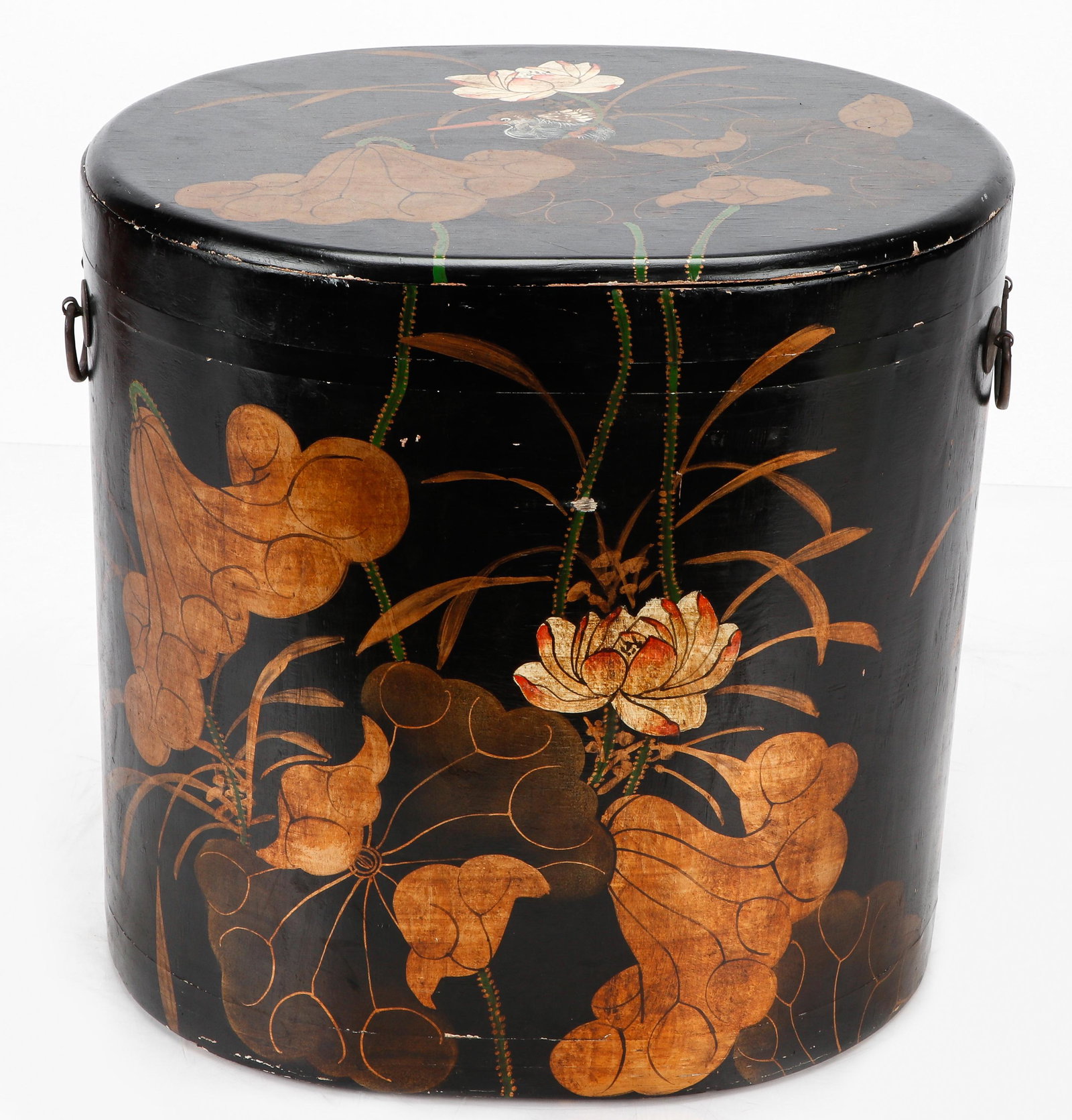 Large Japanese Lacquered Oval Box and Cover: Large Japanese Lacquered Oval Box and Cover. Floral decoration. Size: 19'' x 18'' x 15.5'' (48 x 46 x 39 cm). Provenance: Sylvia and Philip Chaplain Collection, New Hampshire.