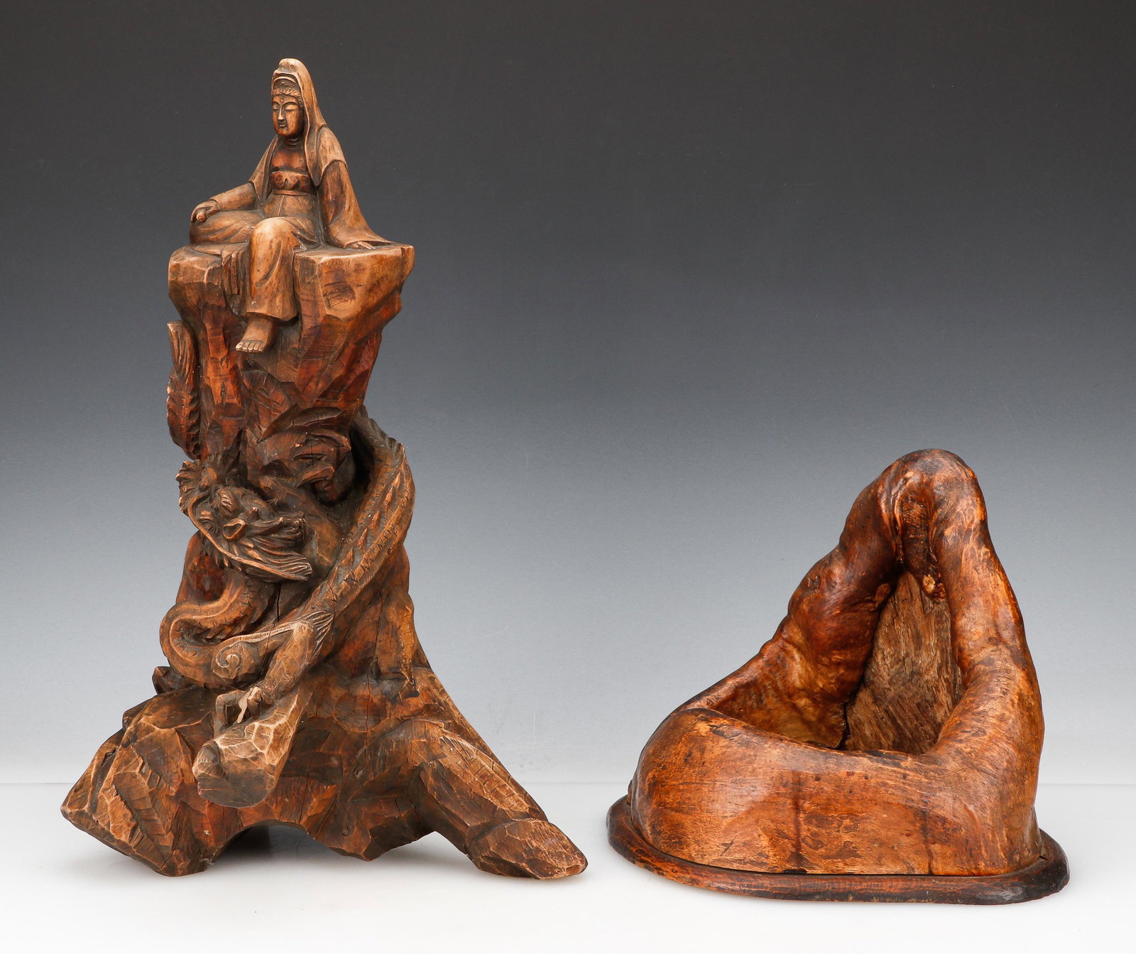 Japanese Rootwood Hibachi and Sculpture: Japanese Rootwood Hibachi and Sculpture. Size: 1) 10'' x 13'' x 10.75'' (25 x 33 x 27 cm); 2) 20.5'' x 16.5'' x 9'' (52 x 42 x 23 cm). Provenance: Sylvia and Philip Chaplain Collection, New Hampshire.
