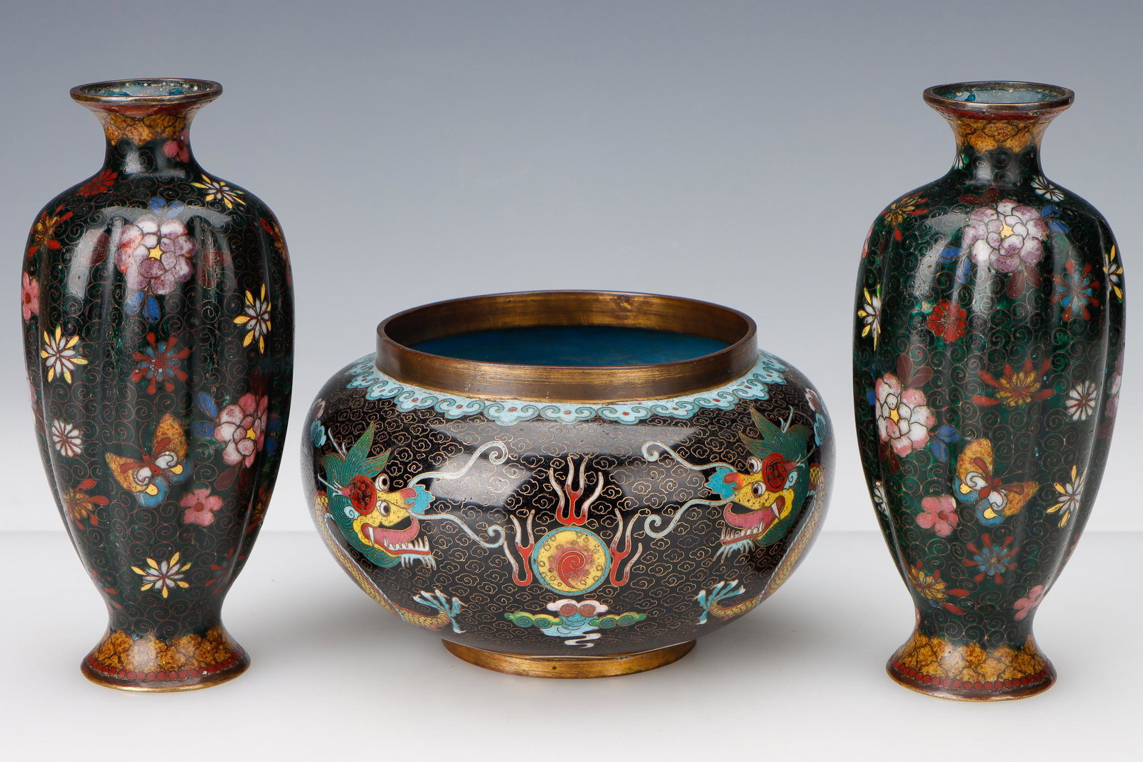 Pair of 19th C. Japanese Cloisonne Vases and Bowl: Pair of 19th C. Japanese Cloisonne Vases and Bowl. Size: 1 and 2) 6'' x 2.5'' x 2.5'' (15 x 6 x 6 cm); 3) 3.5'' x 5.25'' x 5.25'' (9 x 13 x 13 cm). Provenance: Sylvia and Philip Chaplain Collection, N