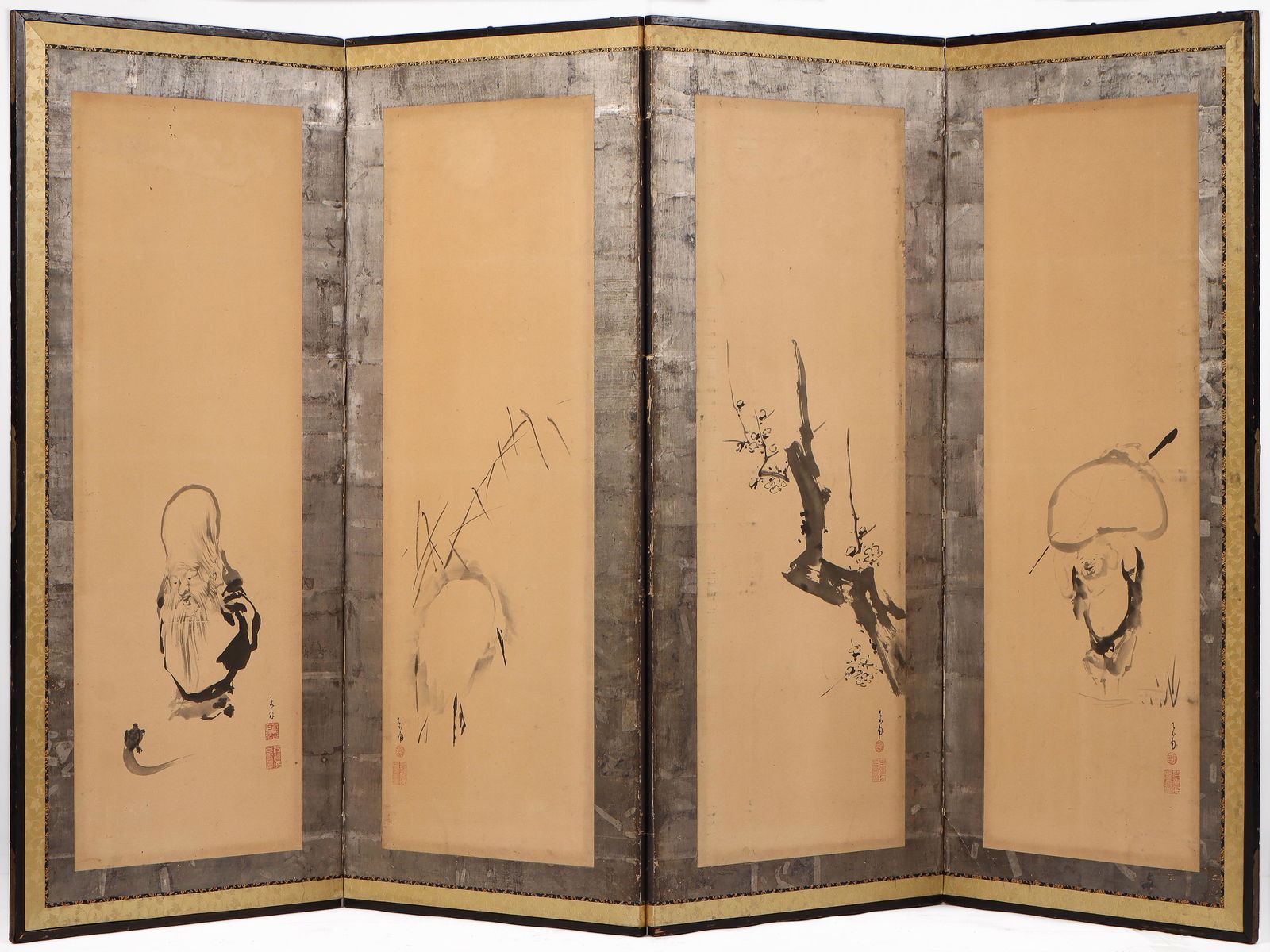 Antique Japanese Sumi-e 4-Panel Screen (1 of 6)
