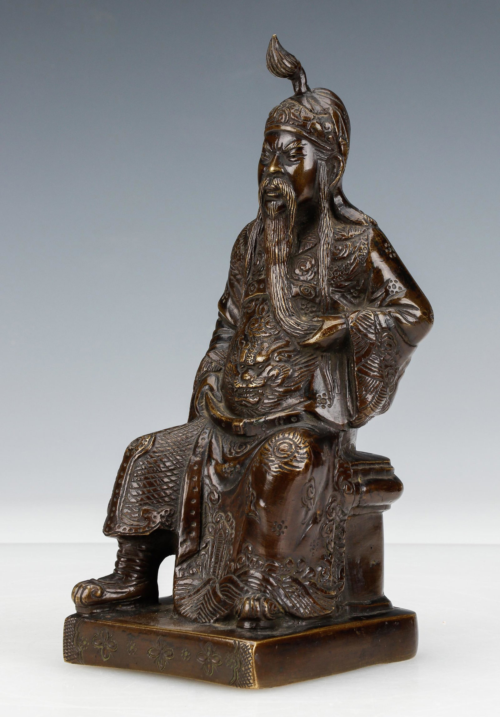 19th C. Bronze of a Chinese Deity Figure: Bronze of a Chinese Deity Figure, 19th Century. Size: 9'' x 3.5'' x 4.25'' (23 x 9 x 11 cm). Provenance: Sylvia and Philip Chaplain Collection, New Hampshire.