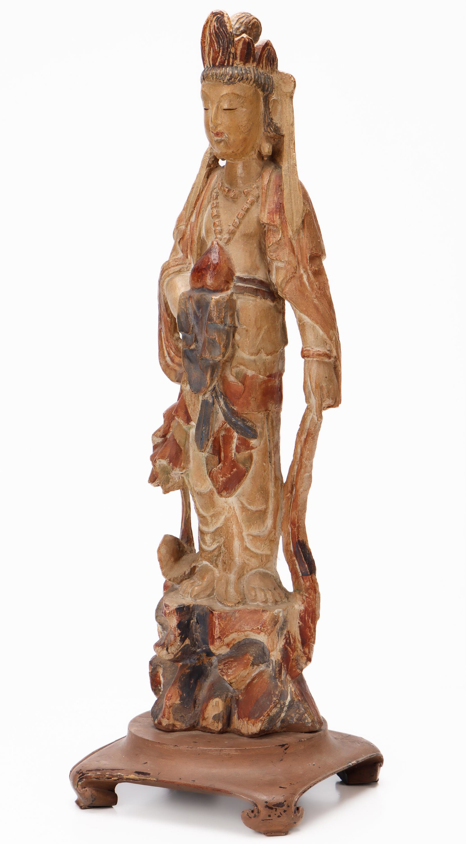 Chinese Pottery Figure of Guanyin: Chinese Pottery Figure of Guanyin. Size: 21'' x 5.25'' x 3.5'' (53 x 13 x 9 cm). Height on Stand: 22.5" (57 cm). Provenance: Sylvia and Philip Chaplain Collection, New Hampshire.