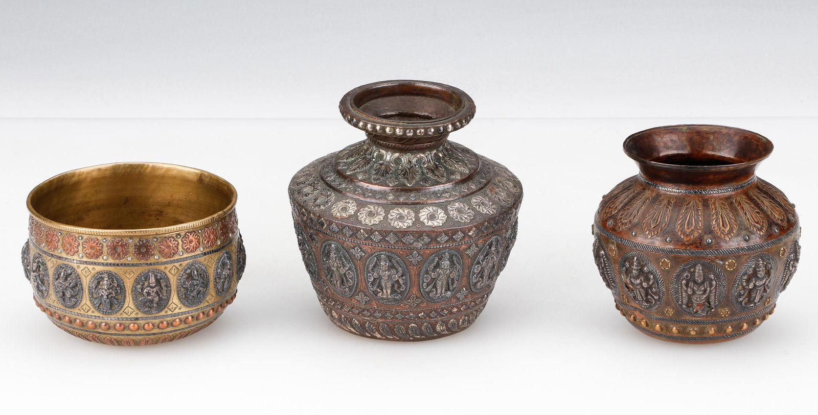 3 Antique Indian Diwali Mixed Metal Lota Holy Water Jars, 19th C. (1 of 5)