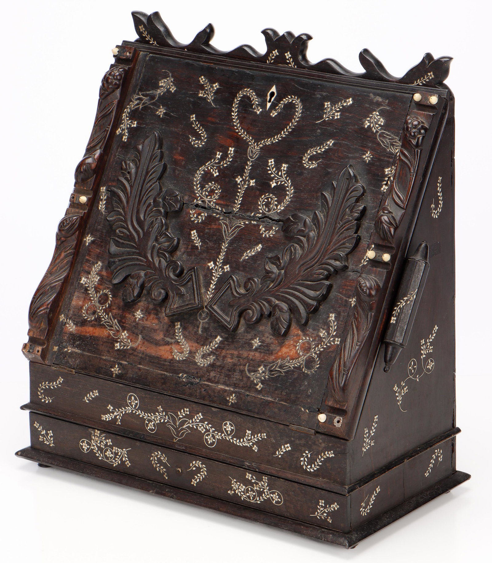 Anglo-Indian Rosewood and Bone Inlay Traveling Writing Desk Organizer, 19th C.: Anglo-Indian Rosewood and Bone Inlay Traveling Writing Desk Organizer, 19th C. Size: 15'' x 14'' x 7.5'' (38 x 36 x 19 cm). Provenance: Sylvia and Philip Chaplain Collection, New Hampshire.