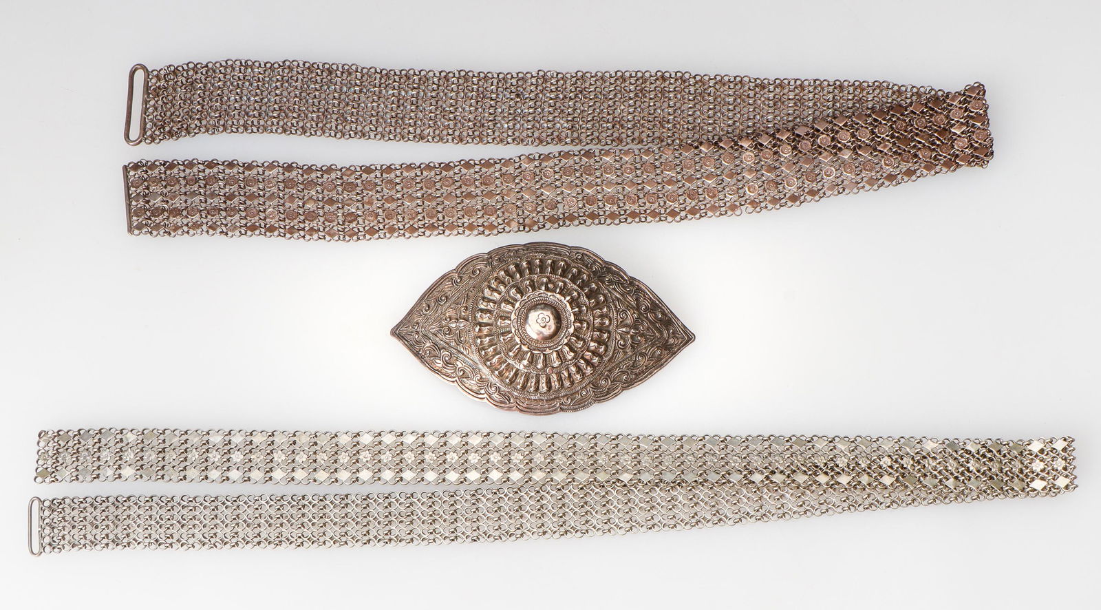 2 Malay Straights Belts and Silver Repousse Belt Buckle, 19th C. (1 of 2)