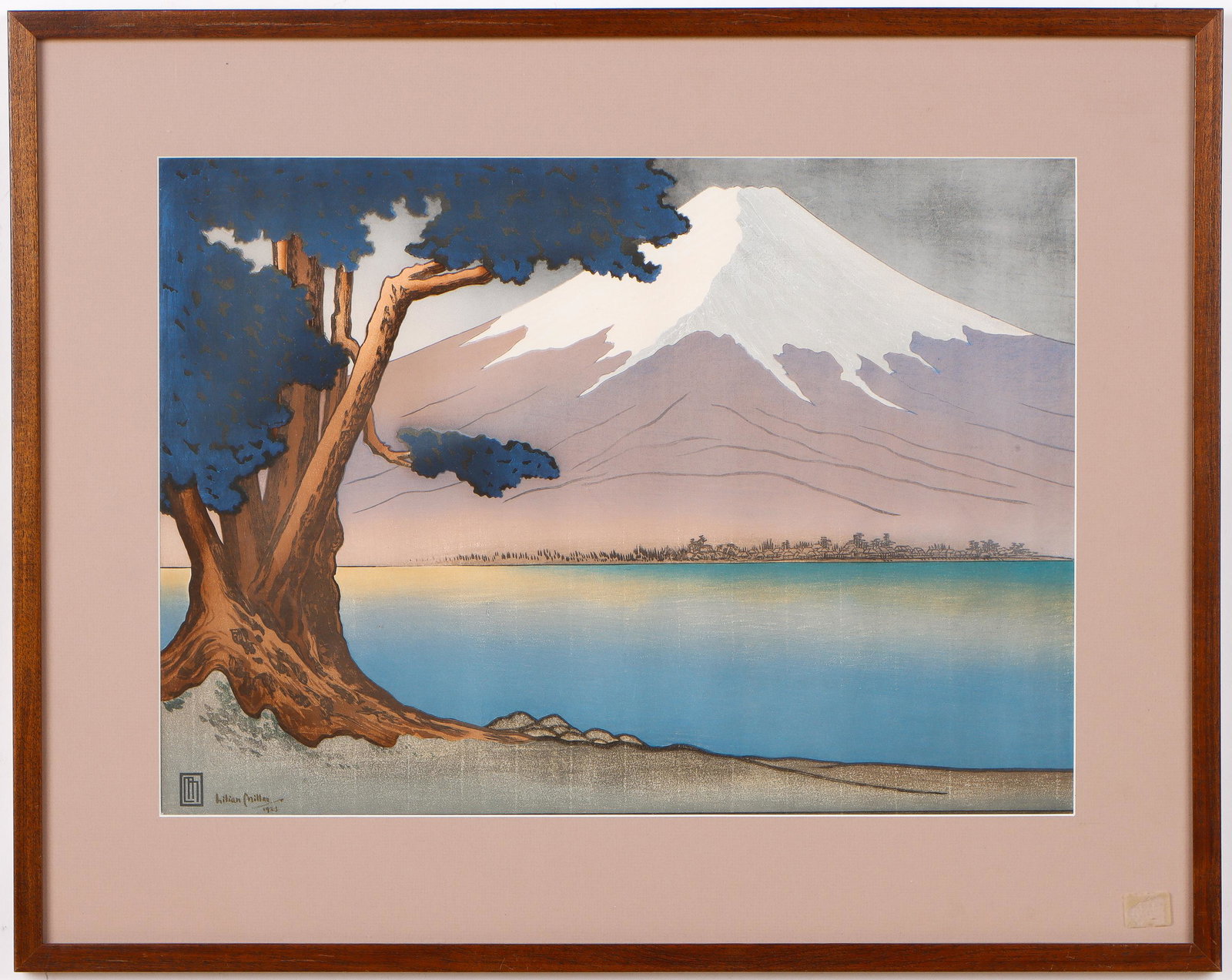 Lilian Miller (American, 1895-1945): Lilian Miller (American, 1895-1945) "Sunrise on Fujiyama, Japan" 1928, woodblock. Framed. This design was also printed with a nocturnal color palette and titled "Moonlight on Fujiyama". These two vers