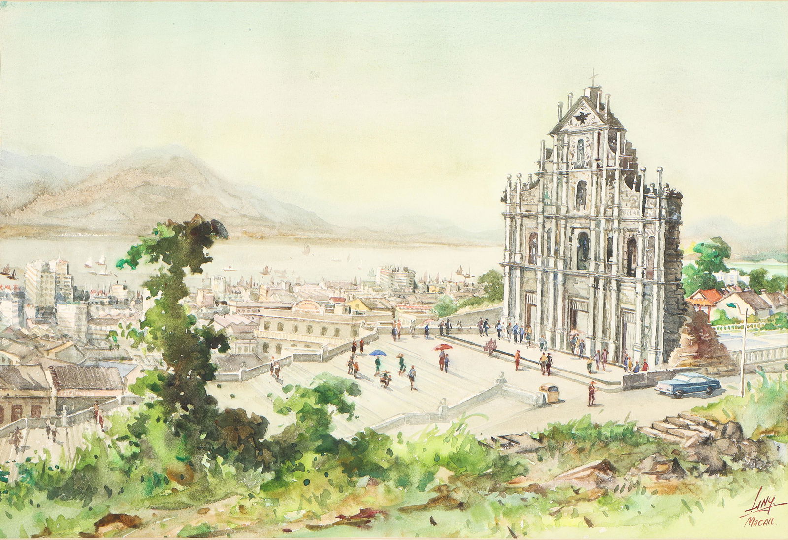 Chinese Watercolor View of Macau by Kam Cheong Ling (1911-1991) (1 of 4)
