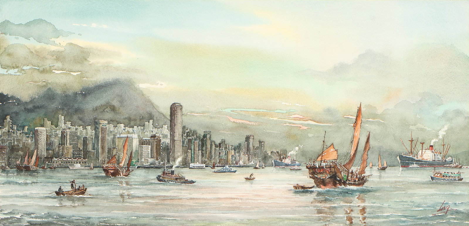Chinese Watercolor View of Hong Kong Harbor by Kam Cheong Ling (1911-1991): Chinese Watercolor View of Hong Kong Harbor, Signed: Ling. Framed. Size: 13'' x 27'', 33 x 69 cm (sight); 17'' x 31'', 43 x 79 cm (frame). Provenance: Sylvia and Philip Chaplain Collection, New Hampsh