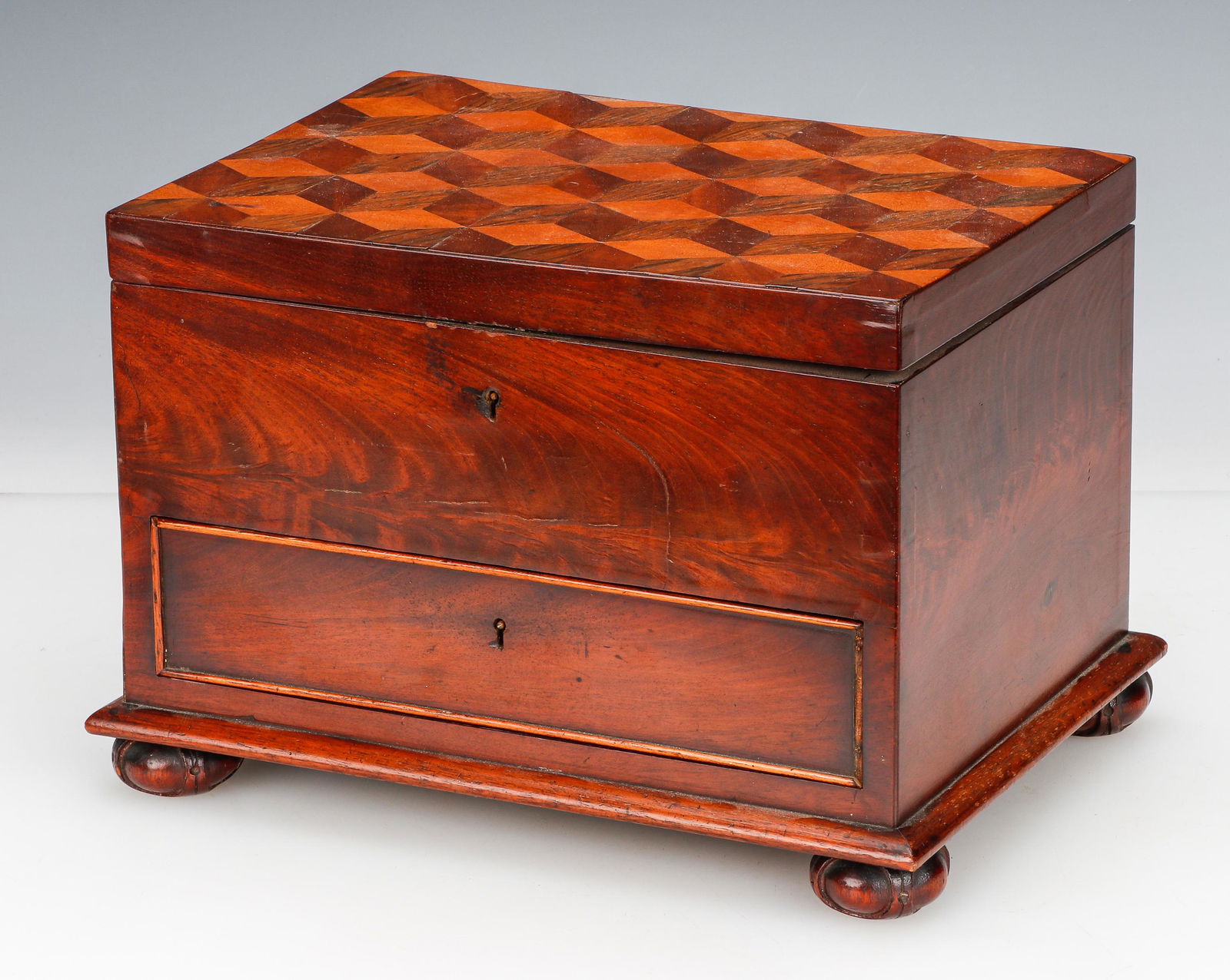 English Mahogany Parquetry Inlaid Letter Box, 19th C. (1 of 8)