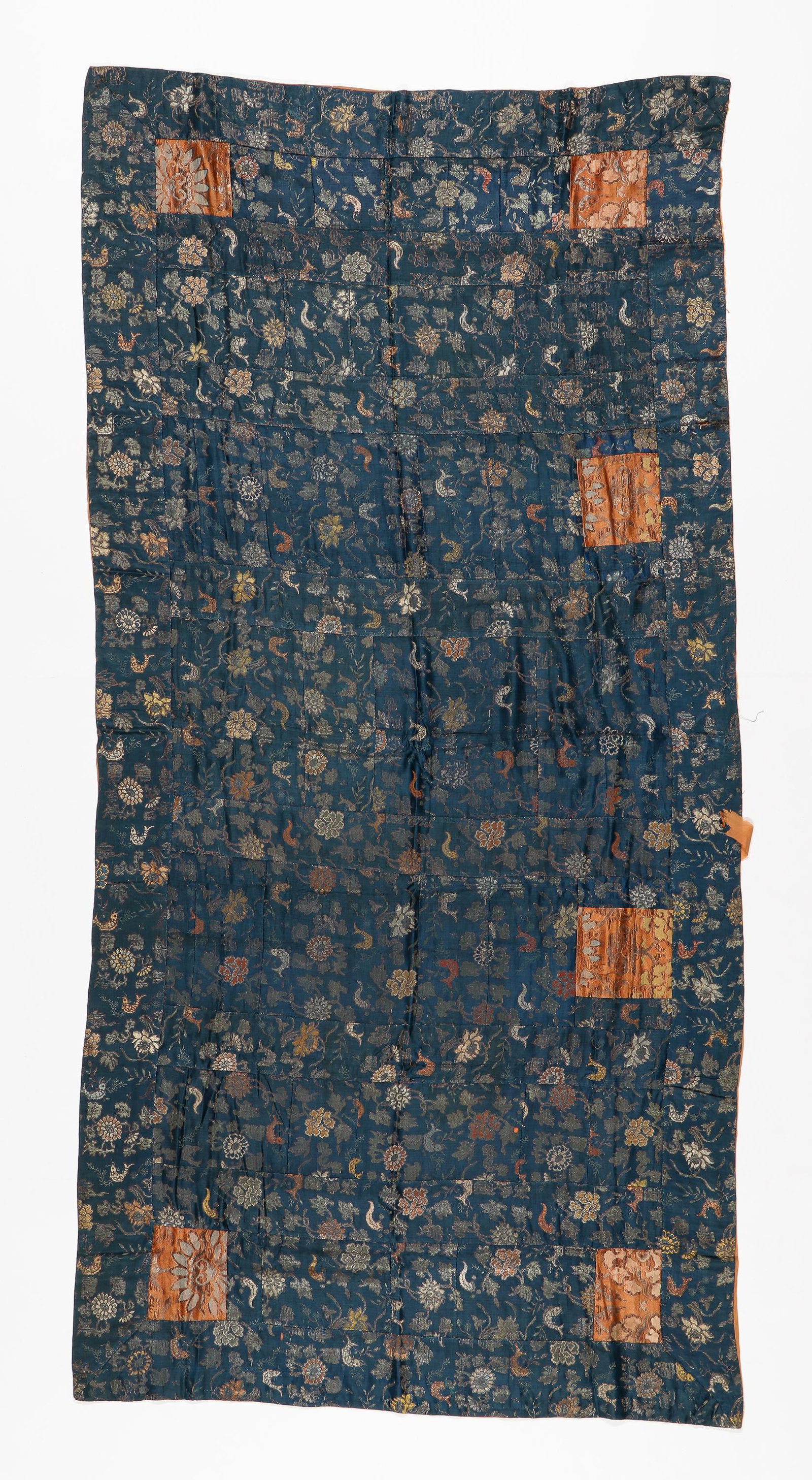 Japanese Silk Kesa, Buddhist Monk's Robe, 19th C or Earlier: Japanese Silk Kesa, Buddhist Monk's Robe, 19th C or Earlier. Blue silk brocade with floral and koi motif. Size: 3'3'' x 6'9'' (99 x 206 cm). Provenance: Sylvia and Philip Chaplain Collection, New Hamp