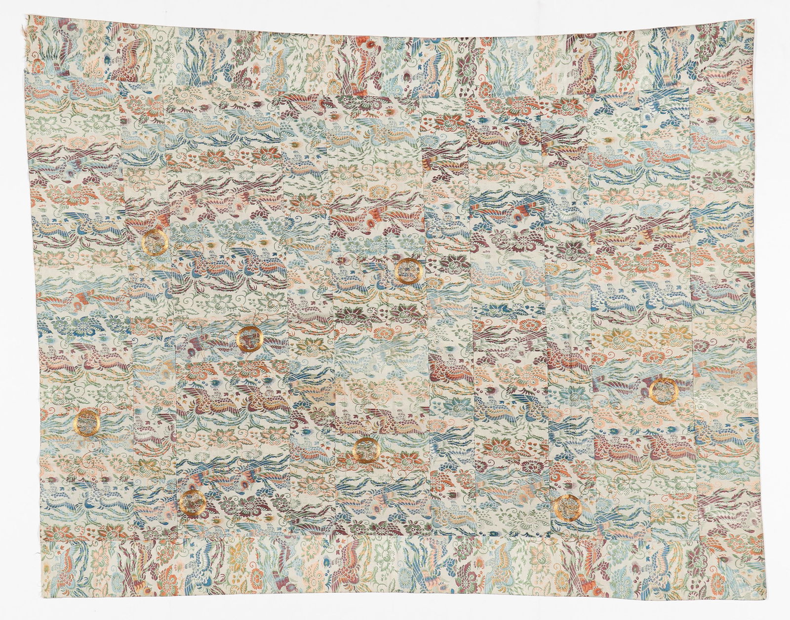 Meiji Period Silk Kesa, Buddhist Monk's Robe, Japan: Meiji Period Japanese Silk Kesa, Buddhist Monk's Robe. Silk brocade with gold thread couching, bird and floral motif. Size: 3'11'' x 4'10'' (119 x 147 cm). Provenance: Sylvia and Philip Chaplain Colle