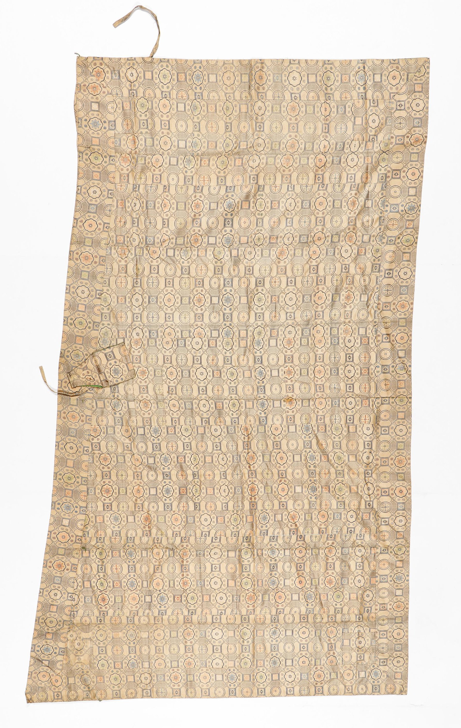 19th C. Japanese Silk Kesa, Buddhist Monk's Robe: 19th C. Japanese Silk Kesa, Buddhist Monk's Robe. Beige with blue brocade. Size: 4'4'' x 6'11'' (132 x 211 cm). Provenance: Sylvia and Philip Chaplain Collection, New Hampshire.