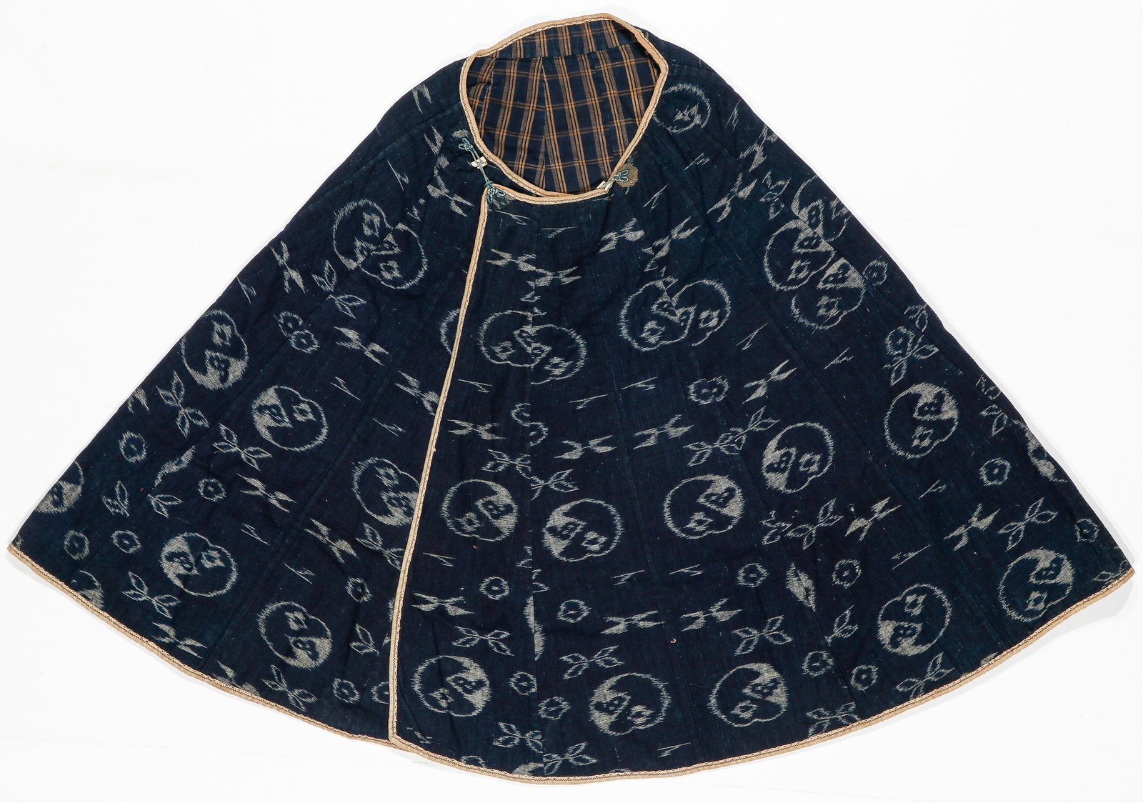 Japanese Farmer's Indigo-Dyed Ikat Cape, Meiji Period: Japanese Farmer's Indigo-Dyed Ikat Cape, Meiji Period. Cotton, indigo, ikat, bone buttons. Size: 3'5'' x 5'0'' (104 x 152 cm). Provenance: Sylvia and Philip Chaplain Collection, New Hampshire.
