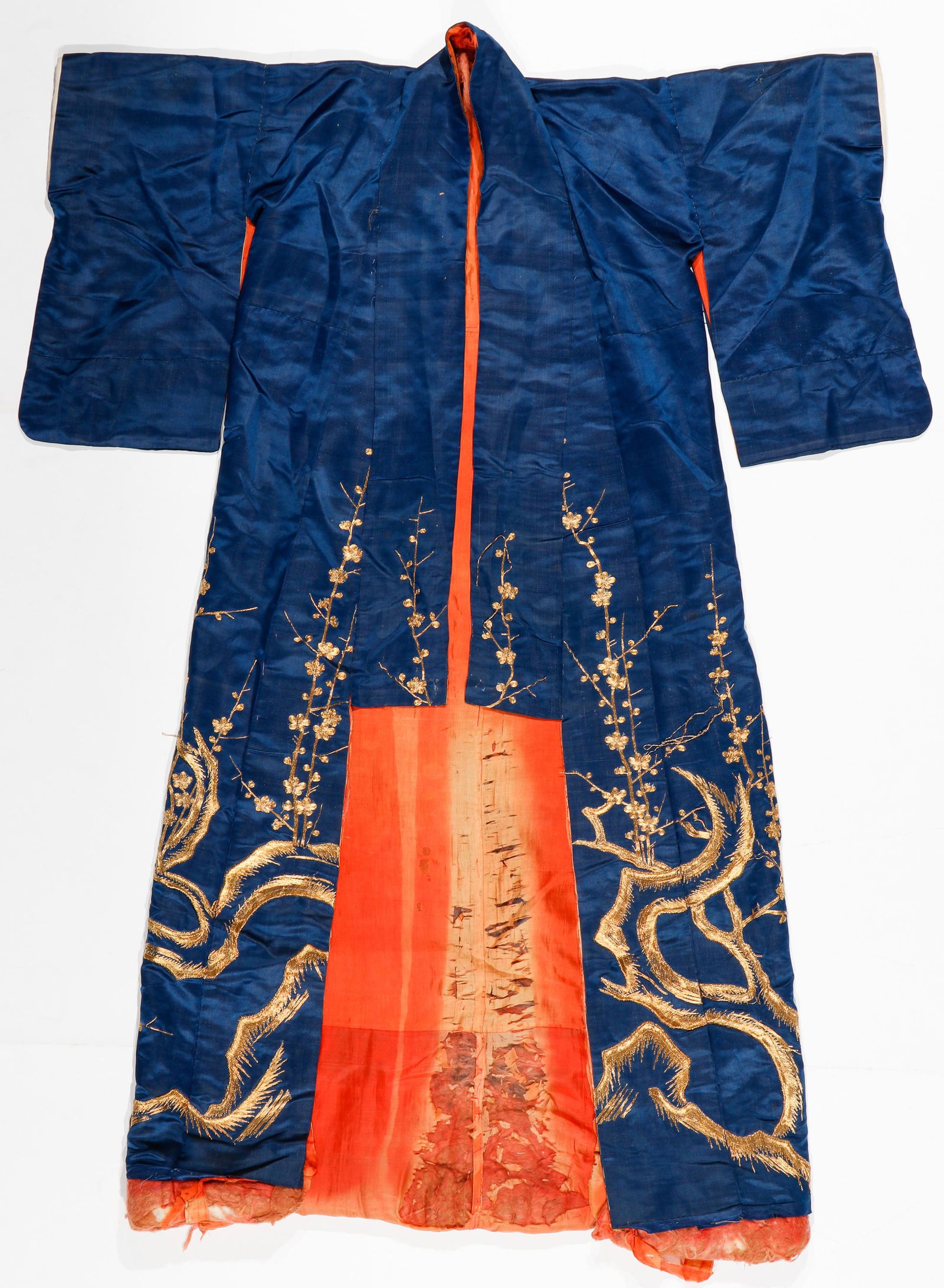 Japanese Blue Satin Silk Kimono With Couched Gold Thread Embroidery, Early 20th C. (1 of 3)