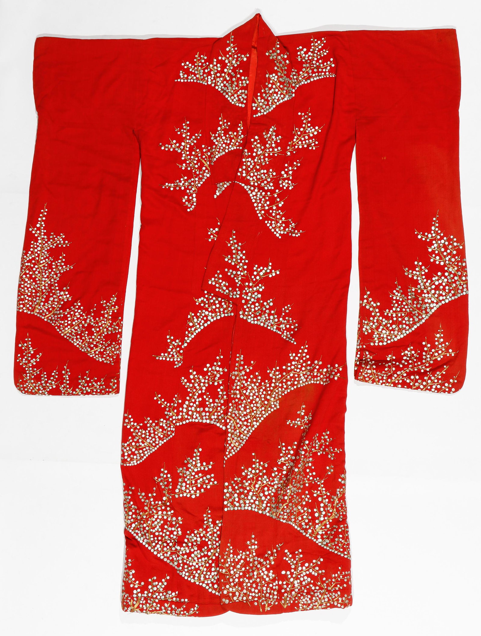 Japanese Silk Wedding Kimono, Edo Period: Japanese Silk Wedding Kimono, Edo Period. Gold thread embroidery, pussy willow motif. Size: 5'8'' x 4' (173 x 122 cm). Provenance: Sylvia and Philip Chaplain Collection, New Hampshire.