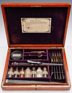 Antique Vampire Killing Kit with Crossbow: Fine Antique Vampire Killing Kit with Crossbow, Darts, Wooden Stake, and more. Size: Box: 10.25'' x 13.25'' x 2.25'' (26 x 34 x 6 cm); Crossbow: 11'' x 8'' x 1.75'' (28 x 20 x 4 cm). Private Los