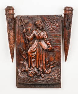 19th C. Vampire Slayer Relief Carving of Saint Michael Vanquishing a Demonic Figure: 19th Century European Relief Carving of Saint Michael Vanquishing a Demonic Figure, Flanked with two Detachable Vampire Slayer Stakes. Size: 17.5'' x 14.25'' x 2.5'' (44 x 36 x 6 cm). Provenance: Ex.