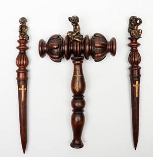 19th C. European Vampire Slayer Set with Bronze Mounted Cherubs: 19th Century European Vampire Slayer Set with Bronze Mounted Cherubs. Comprising a hammer and 2 stakes, each piece with cross-shaped carved cavity and surmounted with a bronze cherub. Hammer Size: