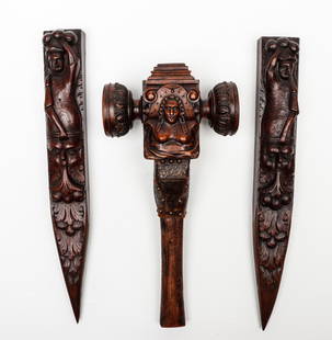 19th C. European Vampire Slayer Stake and Hammer Set: 19th Century European Vampire Slayer Stake and Hammer Set. Wood leather and bronze. Comprising a well-carved figural hammer and two figural stakes. Size: Hammer: 25.5'' x 11.5'' x 5.5'' (65 x 29 x 14