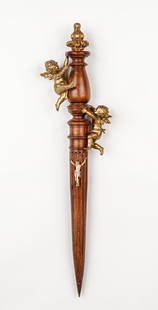 Antique European Vampire Slayer Stake: Antique European Vampire Slayer Stake, mounted, with bronze finial, winged putti and crucifix. Size: 31'' x 7.5'' x 3.5'' (79 x 19 x 9 cm). Provenance: Ex. VAMPA Vampire & Paranormal Museum