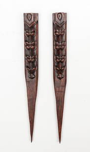 Pair of Antique European Vampire Slayer Carved Wood Stakes: Pair of Antique European Vampire Slayer Carved Wood Stakes. Size: 19.5'' x 2'' x 2'' (50 x 5 x 5 cm). Provenance: Ex. VAMPA Vampire & Paranormal Museum Collection, NJ; Private Collection.