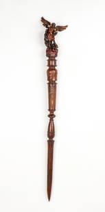 Large 19th C. Vampire Slayer Stake Surmounted by Figure of St. George, Dragon Slayer: Large 19th Century European Vampire Slayer Stake Surmounted by Figure of St. George Slaying a Dragon, the staff with acanthus and reed carving and applied metal crucifix. Size: 48'' x 7'' x 3'' (122