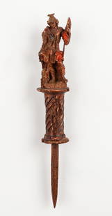 19th C. European Figural Vampire Slayer Stake: 19th Century European Figural Vampire Slayer Stake, carved wood with polychrome. Size: 20.25'' x 3.5'' x 3.75'' (51 x 9 x 10 cm). Provenance: Ex. VAMPA Vampire & Paranormal Museum Collection, NJ;
